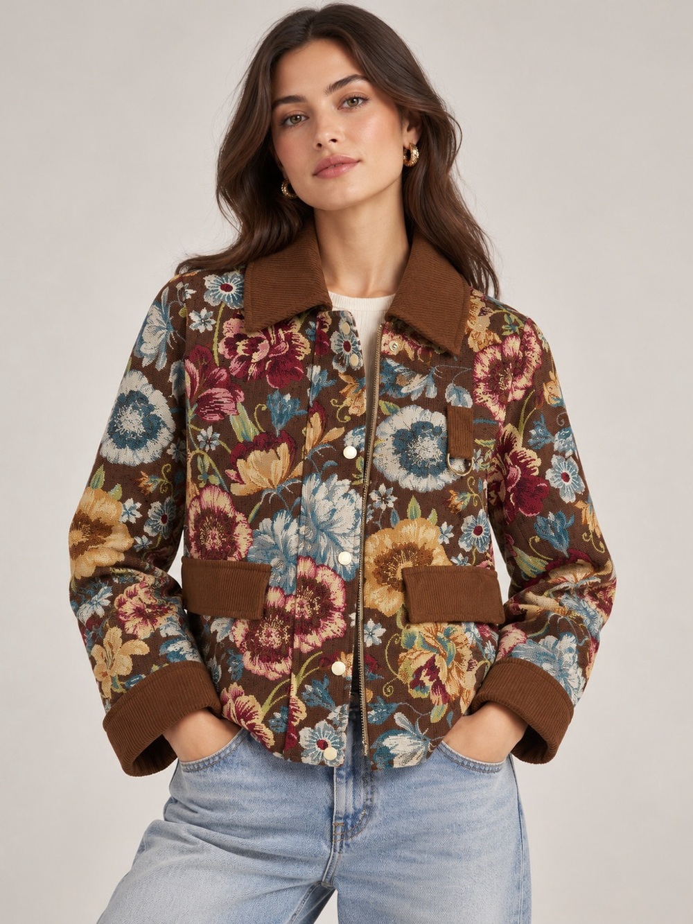 Avec Les Filles Floral Tapestry Barn Jacket Brown Corduroy Size XL NWT